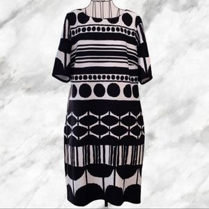 RM LL black and white geometric print dress, size 12.